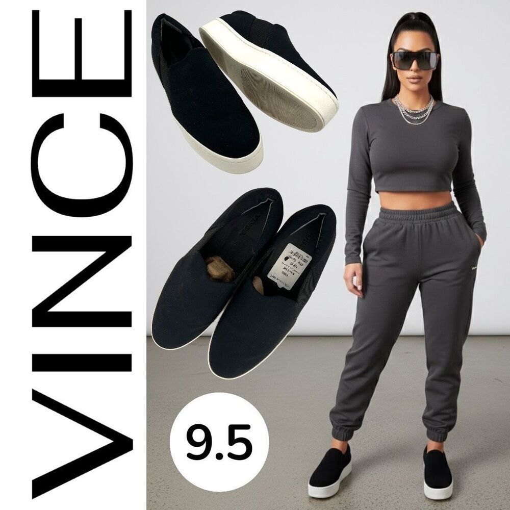 Vince Women's Warren Suede Slip-On Low Top Platform Sneaker Shoes Black Size 9.5